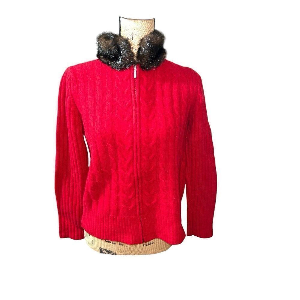 Sarah Spencer Long-Sleeve Chunky Knit Red Wool Cardigan Faux‎ Fur Collar Small